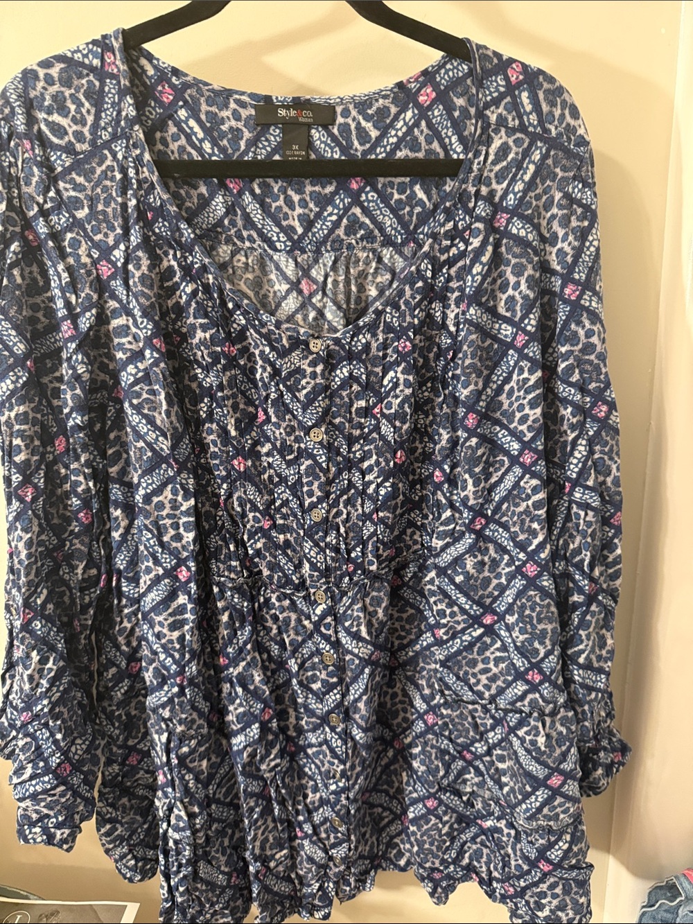 Style & Co. Navy Blue Patterned Button-Front Tunic with Pink Accents 3X